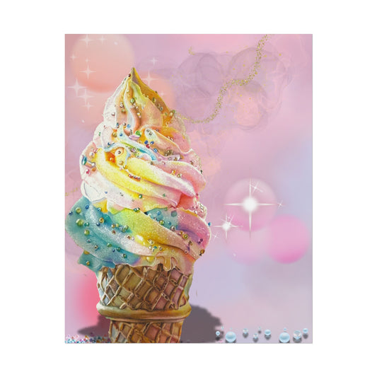 Rainbow Ice Cream Cone Poster — Pastel Kawaii Dessert Wall Art