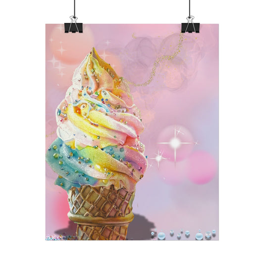 Rainbow Ice Cream Cone Poster — Pastel Kawaii Dessert Wall Art