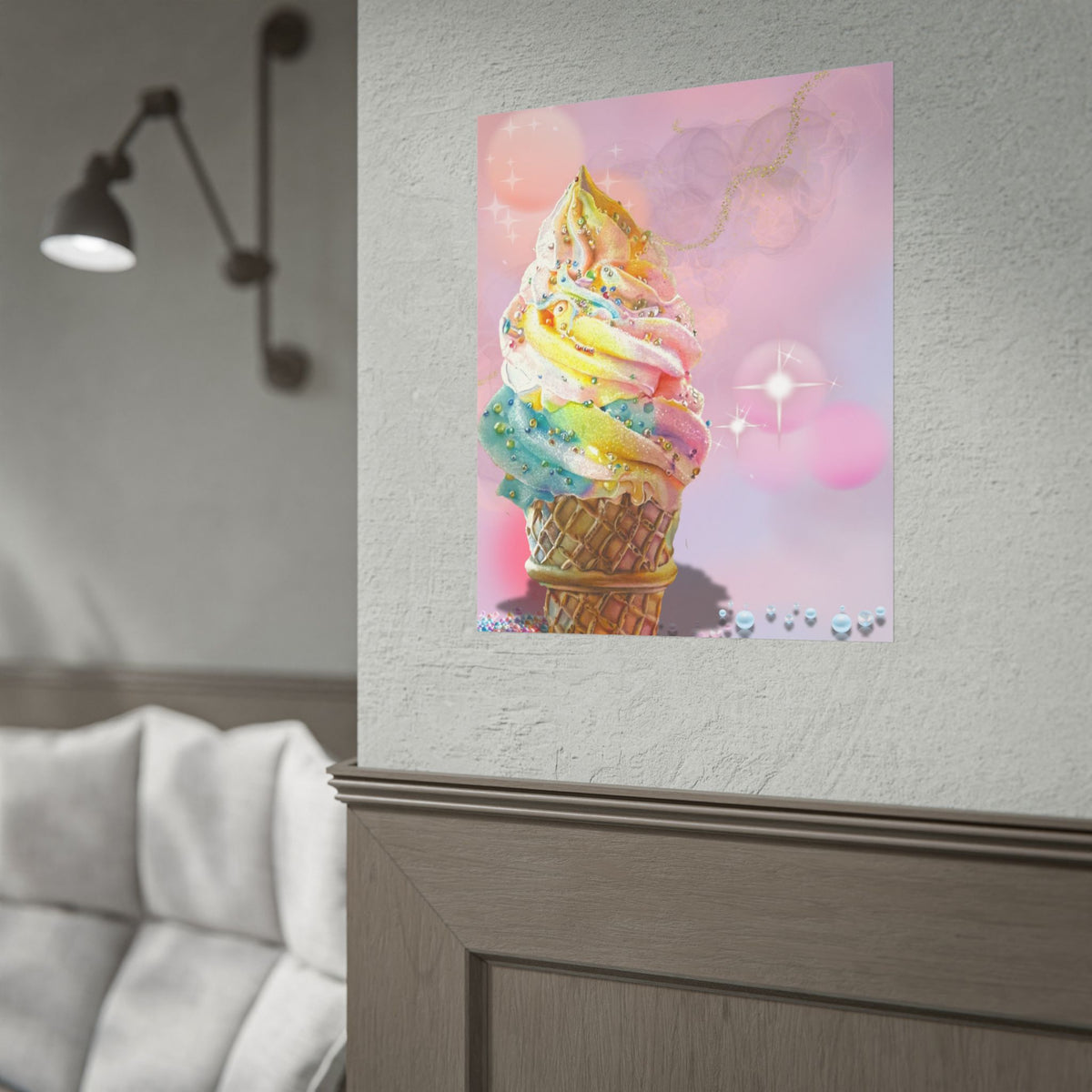 Rainbow Ice Cream Cone Poster — Pastel Kawaii Dessert Wall Art