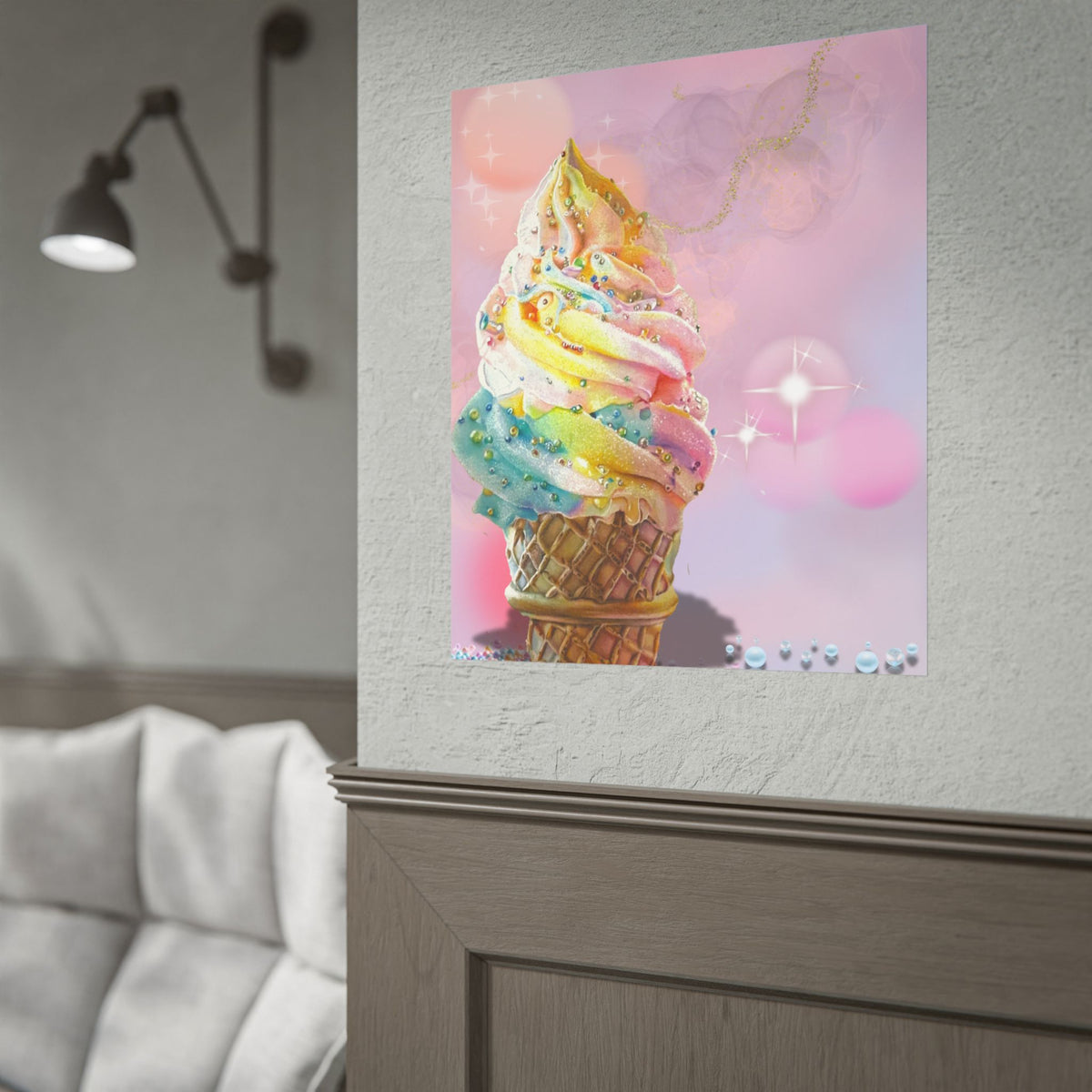 Rainbow Ice Cream Cone Poster — Pastel Kawaii Dessert Wall Art