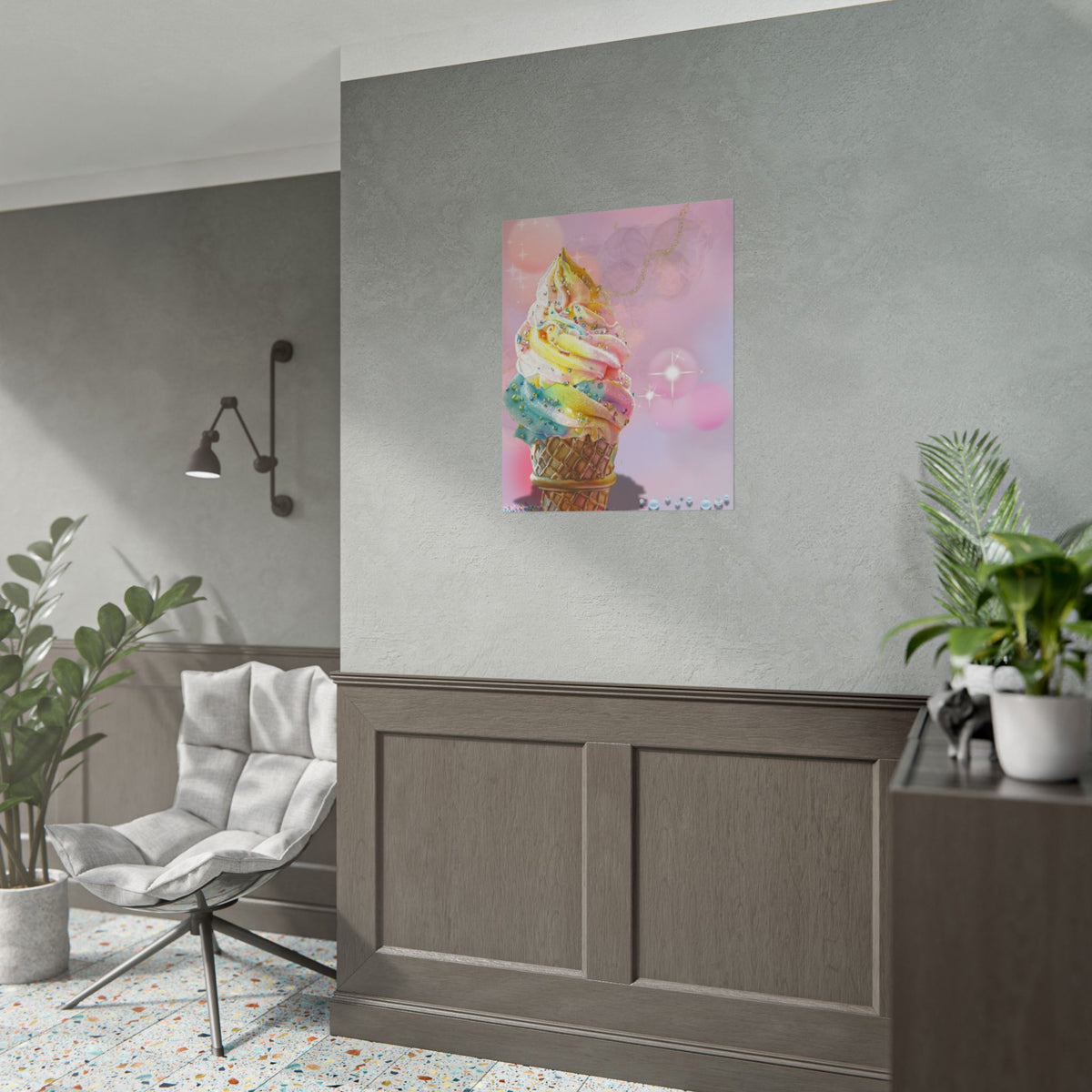 Rainbow Ice Cream Cone Poster — Pastel Kawaii Dessert Wall Art