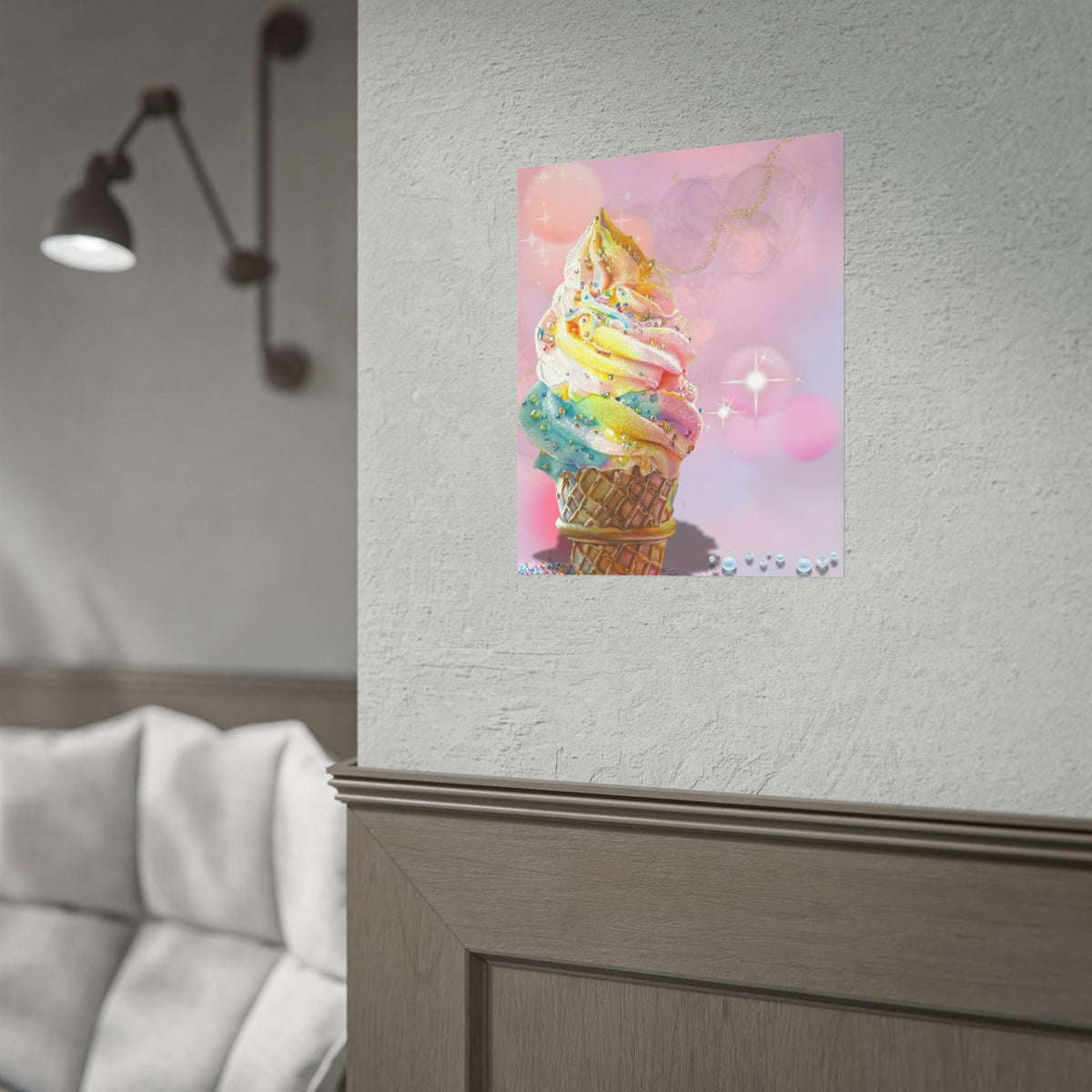 Rainbow Ice Cream Cone Poster — Pastel Kawaii Dessert Wall Art